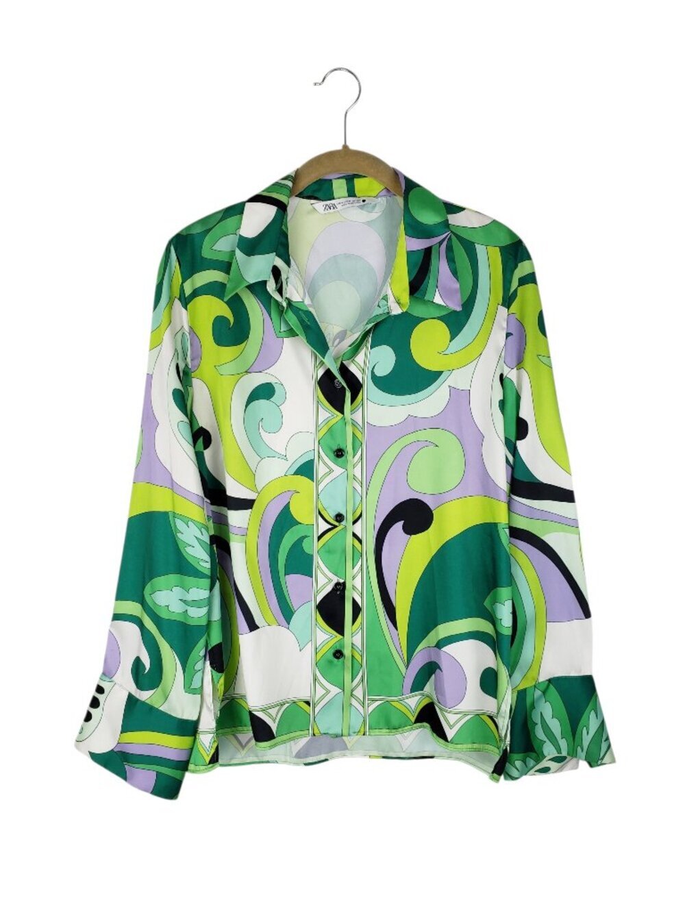 Zara Bright Trippy Mod Retro Style Button Up Shirt Green Satin Womens Medium
